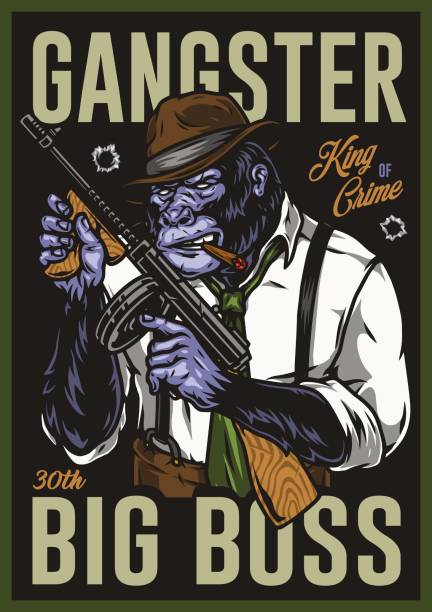Big boss gorilla vertical poster Vintage mafia colorful vertical poster with big boss gorilla in suspenders and fedora hat smoking cigar and holding submachine against black background with bullet holes, vector illustration mob boss stock illustrations