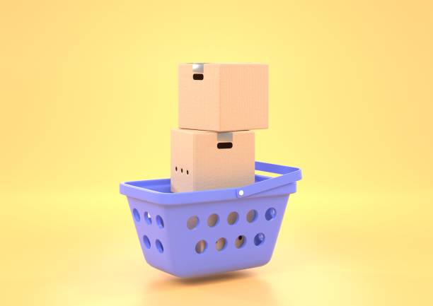 Shopping basket with stack cardboard boxes, 3d render. Purple plastic supermarket cart filled of carton package, isolated on yellow background. Delivery goods from online shop, retail store or market.