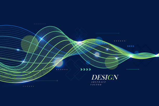 Modern vector abstract background with dynamic waves. Array of particles flowing over dark background, dynamic sound wave. 3d vector illustration. green science background stock illustrations