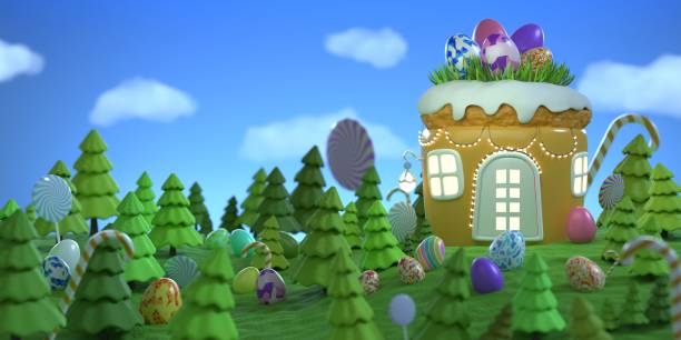 Little Easter bunny toys and Easter eggs on a green grass. Fairy tale