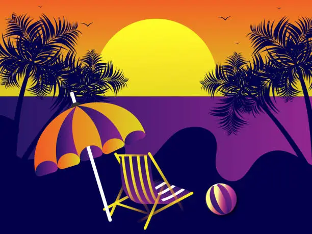 Vector illustration of Tropical Beach at Sunset with Island