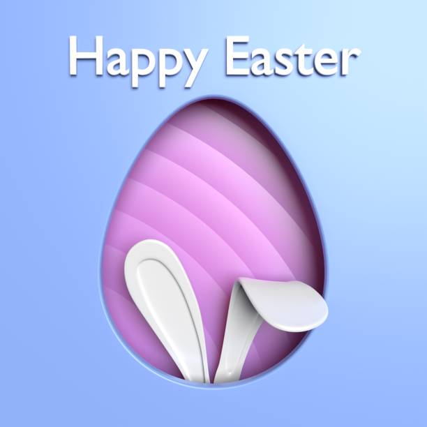 Happy Easter greeting card with white colored paper easter ears against blue egg shape background. Easy to crop for all social media and print design sizes.