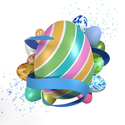 Multi colored and decorated Easter Eggs on white surface with confetti’s around them. Easy to crop for all social media and print design sizes.