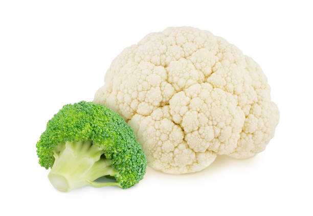 istock Composition with fresh whole cauliflower with broccoli isolated on a white background. 1379056613
