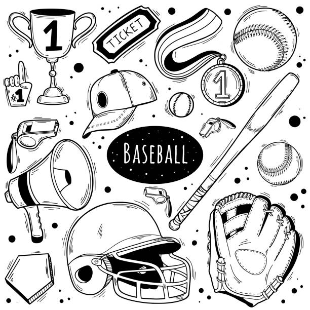 illustrazioni stock, clip art, cartoni animati e icone di tendenza di set di doodle da baseball. attrezzature speciali, abbigliamento del giocatore, campo, palla, guanto. illustrazione vettoriale disegnata a mano isolata su sfondo bianco. - baseball base ball hat