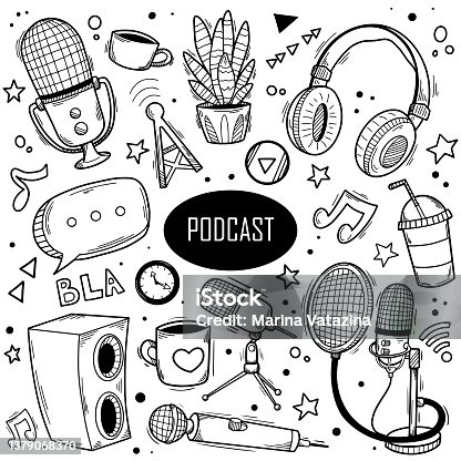 istock Podcast hand drawn doodles with microphone, headset, shout, on air sign, coffee mug, houseplant. Broadcast Icons Hand Drawn Doodle Coloring Vector 1379068370