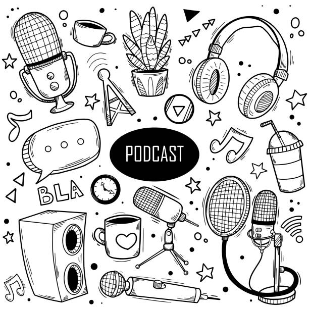 Podcast hand drawn doodles with microphone, headset, shout, on air sign, coffee mug, houseplant. Broadcast Icons Hand Drawn Doodle Coloring Vector Podcast hand drawn doodles with microphone, headset, shout, on air sign, coffee mug, houseplant. music speaker logo stock illustrations