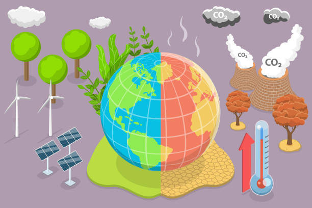 ilustraciones, imágenes clip art, dibujos animados e iconos de stock de ilustración conceptual de vectores planos isométricos 3d del efecto invernadero - cambio climatico