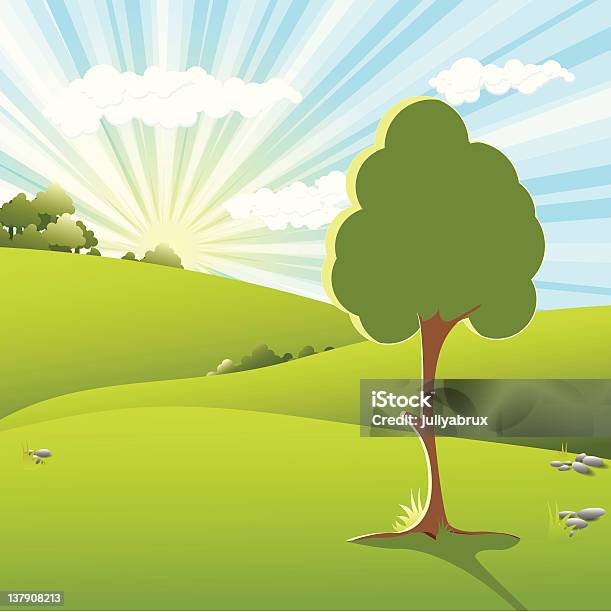 Ilustración de Árbol En El Atardecer y más Vectores Libres de Derechos de Aire libre - Aire libre, Azul, Campo - Tierra cultivada