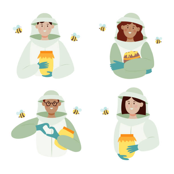 Set of Beekeepers male and female characters in a bee protection suit with a jar of honey. Set of Beekeepers male and female characters in a bee protection suit with a jar of honey. Flat vector illustration isolated on white background. woman beehive stock illustrations