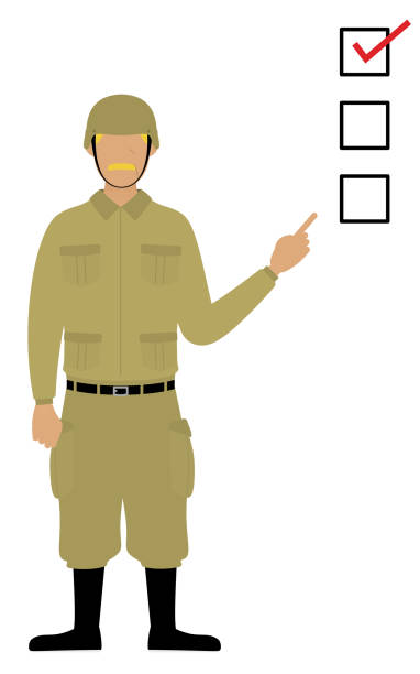 senior male soldier pose, zeigt auf eine checkliste - security security system security staff control stock-grafiken, -clipart, -cartoons und -symbole