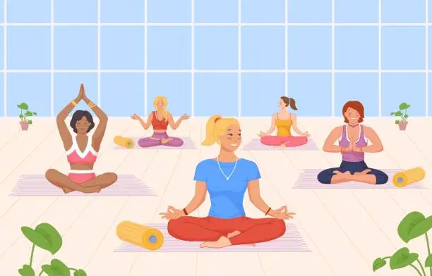 Vector illustration of Exercise yoga group. Meditation breath, funny aerobics, fitness scuola in office building, activity breathgroup, vector illustration