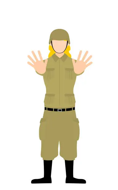 Vector illustration of Female Soldier Pose, Stop!　Thrust your hands out in front of you.