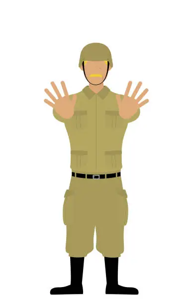 Vector illustration of Senior Male Soldier Pose, Stop!　Thrust your hands out in front of you.