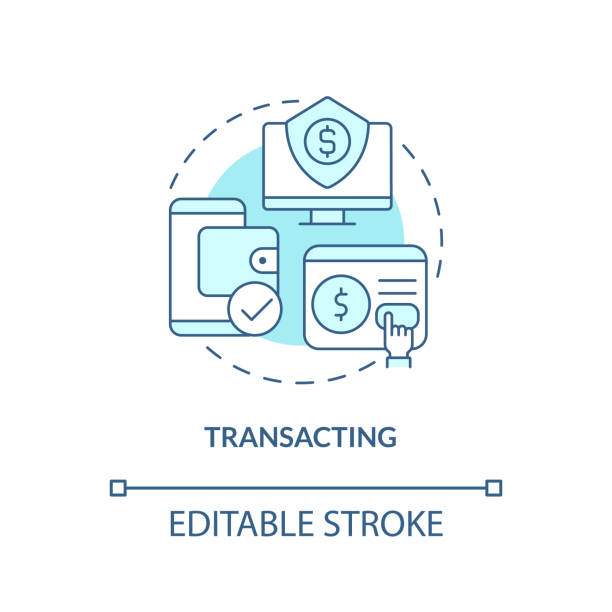 Transacting turquoise concept icon Transacting turquoise concept icon. Online banking. Money management. Digital skills abstract idea thin line illustration. Isolated outline drawing. Editable stroke. Arial, Myriad Pro-Bold fonts used financial literacy logo stock illustrations