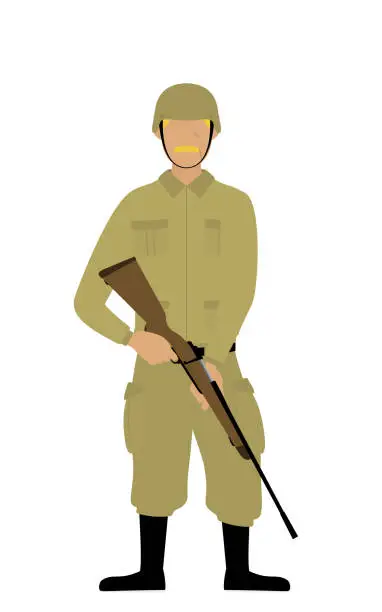 Vector illustration of Senior Male Soldier Pose, Standing guard with a rifle
