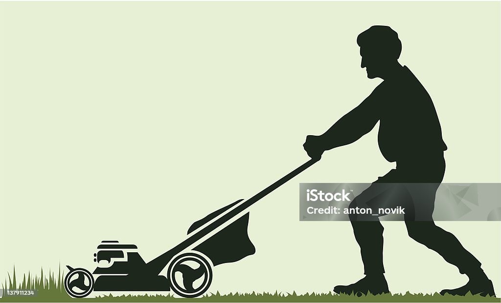 Man moving the lawn vector Man pushing gas/electic mover and moving the lawn Activity stock vector