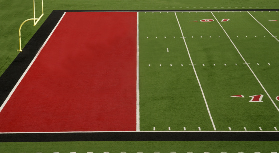 A football field with a red endzone