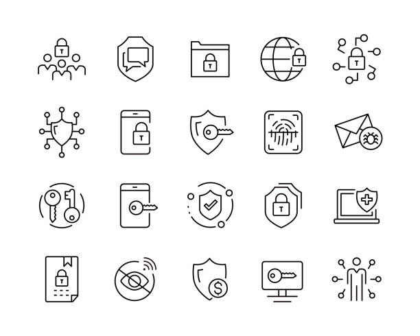 ilustrações, clipart, desenhos animados e ícones de ícones de segurança cibernética - ícones da linha vetorial - security code illustrations