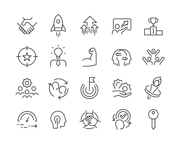 ilustraciones, imágenes clip art, dibujos animados e iconos de stock de iconos de motivación - iconos de línea vectorial - acero