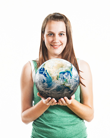 Beautiful young woman wearing green shows that she cares about the future of Planet Earth and the environment.

Public-domain satellite image from https://www.nasa.gov/multimedia/imagegallery/image_feature_2159.html