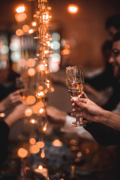 party celebratory toast cheers champagne flute between string fairy lights - political party concepts glamour friendship imagens e fotografias de stock