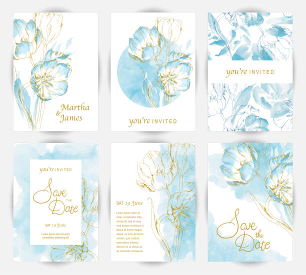 ilustrações de stock, clip art, desenhos animados e ícones de wedding card set with watercolor tulips. vector - invitation blue old fashioned contemporary