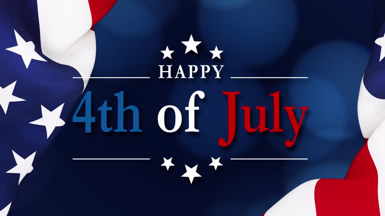 Happy Fourth of July message written over dark blue bokeh background behind rippled American flag. Horizontal composition with copy space. Front view. Independence Day concept.