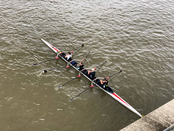 Rowing club competition on a river Thames in london. Putney, west London. Directly above view from Putney bridge. Rowing boat and teams. Rowing racing. Canoe putney photos stock pictures, royalty-free photos & images