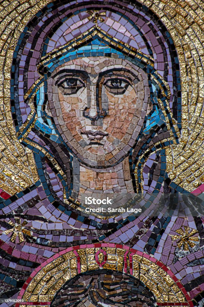 Orthodox Mosaic of The Virgin Mary Gilded with Gold in Bachkovo Monastery Byzantine Stock Photo