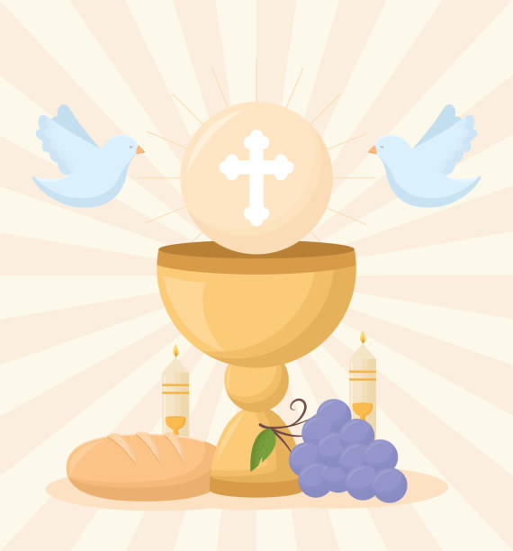 ilustrações, clipart, desenhos animados e ícones de primeiro cartão de itens de comunhão - communion