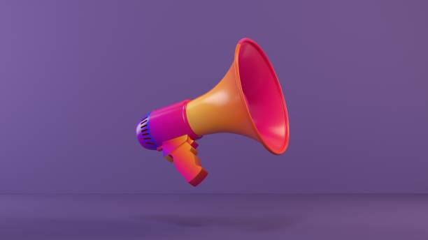 紫の背景に紫色メガホン - 会議用電話 ストックフォトと画像