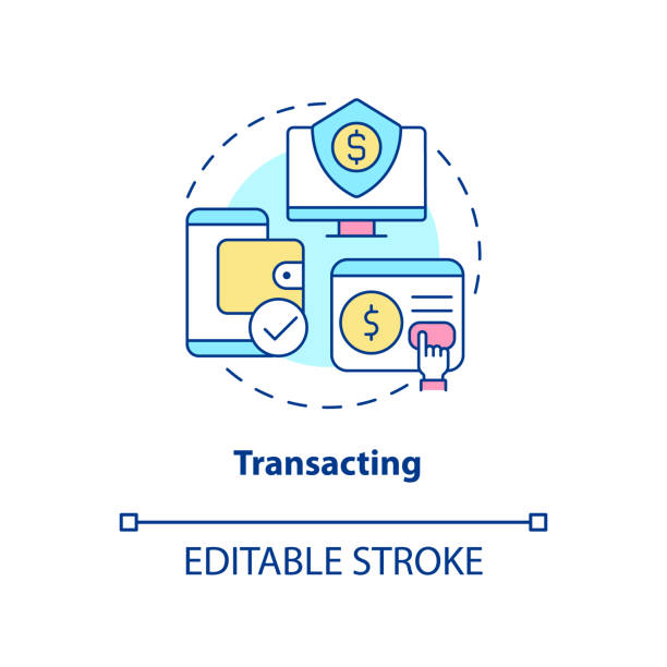 Transacting concept icon Transacting concept icon. Online banking. Money management. Digital skills abstract idea thin line illustration. Isolated outline drawing. Editable stroke. Arial, Myriad Pro-Bold fonts used financial literacy logo stock illustrations