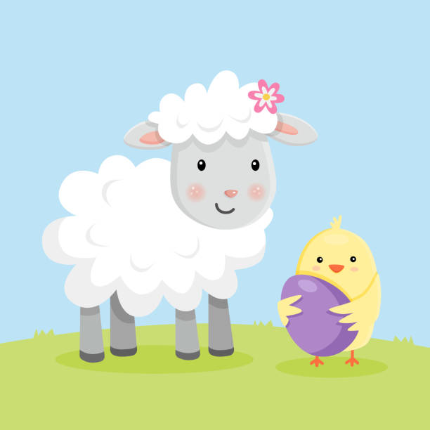 wielkanocna owca i pisklę z jajkiem wielkanocnym - easter egg easter egg hunt multi colored bright stock illustrations