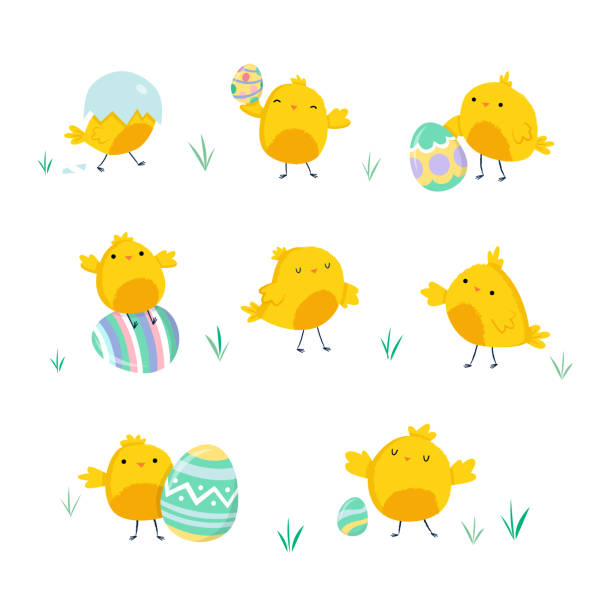 ilustraciones, imágenes clip art, dibujos animados e iconos de stock de pollitos jugando con huevos de pascua - pollito
