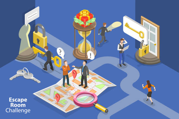 3D Isometric Flat Vector Conceptual Illustration of Escape Room Challenge 3D Isometric Flat Vector Conceptual Illustration of Escape Room Challenge, People Rrying to Solve Puzzles haunted house stock illustrations