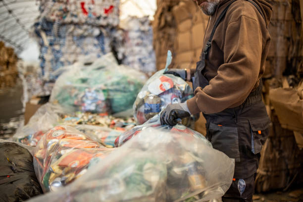 istock Unrecognizable worker packing and separates cans and bottles for recycling 1379163134