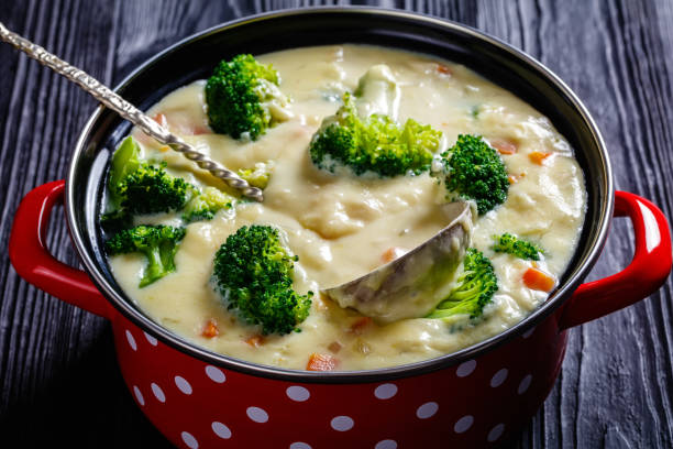 istock Broccoli cheese soup in a pot, top view 1379163763