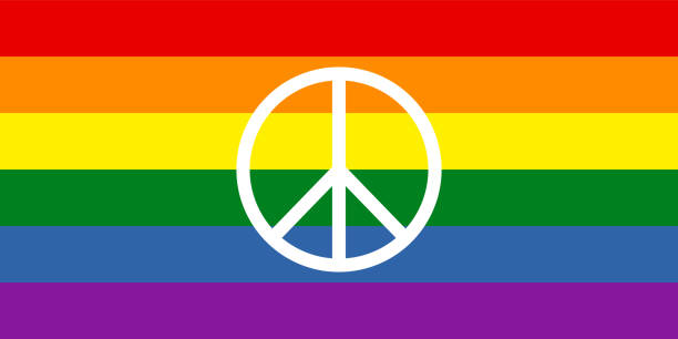 Gay Pride rainbow flag with peace symbol in the middle White peace symbol included in the gay pride rainbow flag pride flag icon stock illustrations