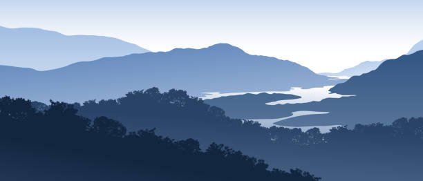 красивый реалистичный векторный пейзаж с лесами, горами и озерами в голубых тонах. - horizon over land tree sunset hill stock illustrations