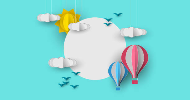 Cute papercut sky landscape background Cute papercut sky landscape background with white copy space circle frame. Hot air balloon, sun and clouds made in realistic paper craft art or origami style for baby nursery, children design. papercutting stock illustrations
