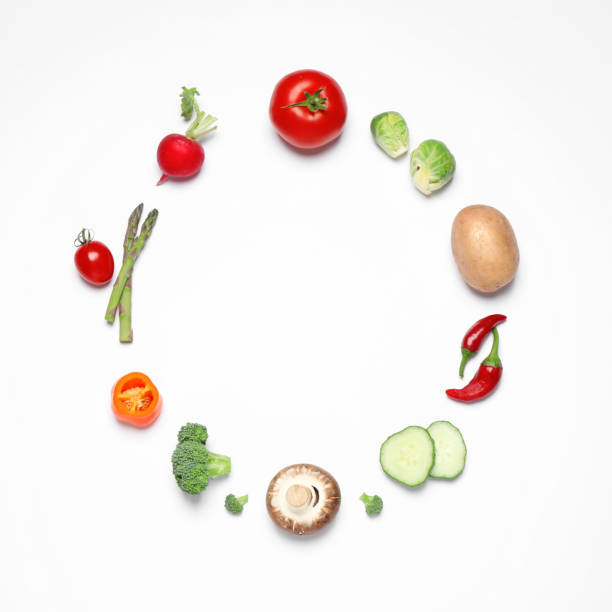 istock Frame of different fresh vegetables on white background, top view 1379201139