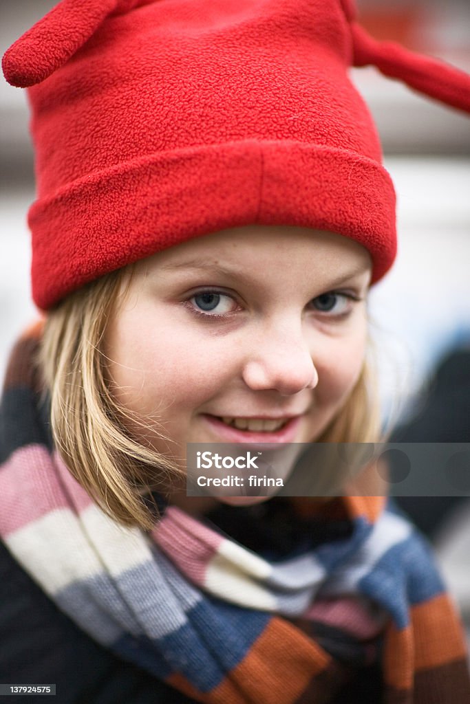Cold Weather Portrait of girl wearing red knit hat Blond Hair Stock Photo