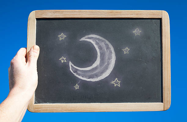 istock Moon with Stars on Blackboard Against Blue Sky. Weather Concept 137926064