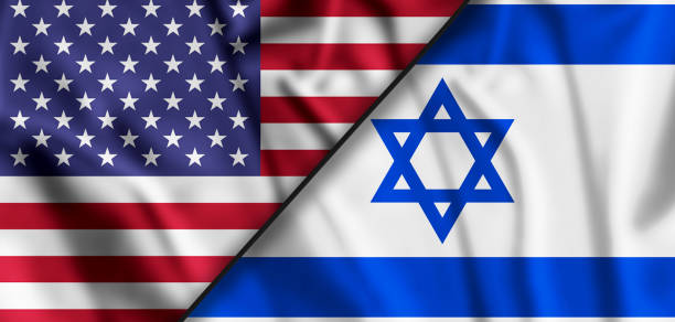 istock Israel and United States two flags textile cloth, fabric texture 1379266678