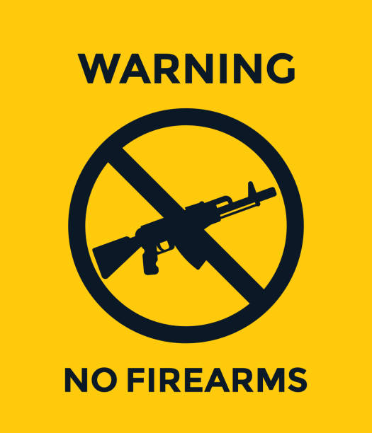 no guns sign with automatic rifle, no firearms vector poster no guns sign with automatic rifle, no firearms vector poster gun free zone sign stock illustrations