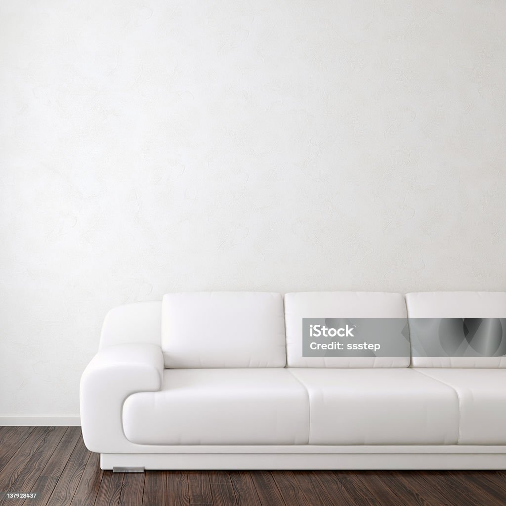 White Modern Interior Room with White Sofa near Stucco Wall. Square Composition. Sofa Stock Photo