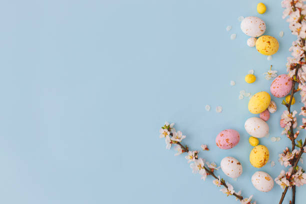 istock Easter flat lay with space for text. Colorful Easter chocolate eggs with cherry blossoms on blue background. Happy Easter! Stylish tender spring template. Greeting card or banner 1379285179