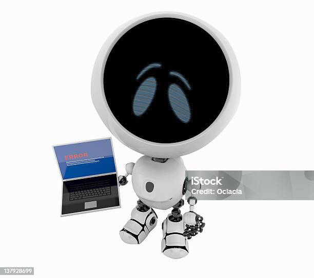 Cute Sad Robot With Laptop Stock Photo - Download Image Now - Robot, Cute, Human Face
