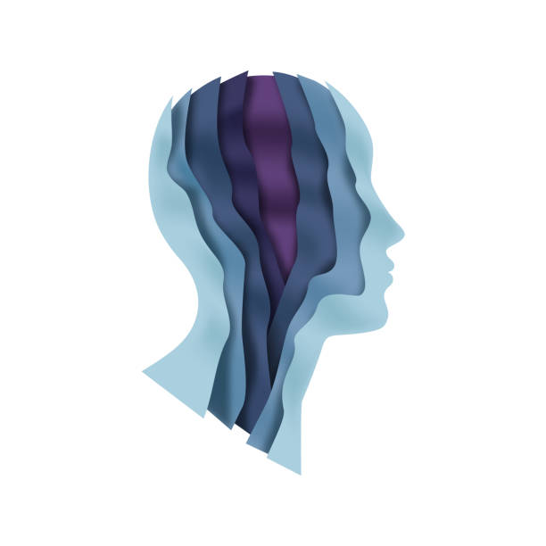 Paper cut man head illustration Paper cut man head illustration on isolated white background. Colorful unisex person face profile with layered 3D papercut waves for psychology therapy, creative mind or social business concept. human brain 3d stock illustrations